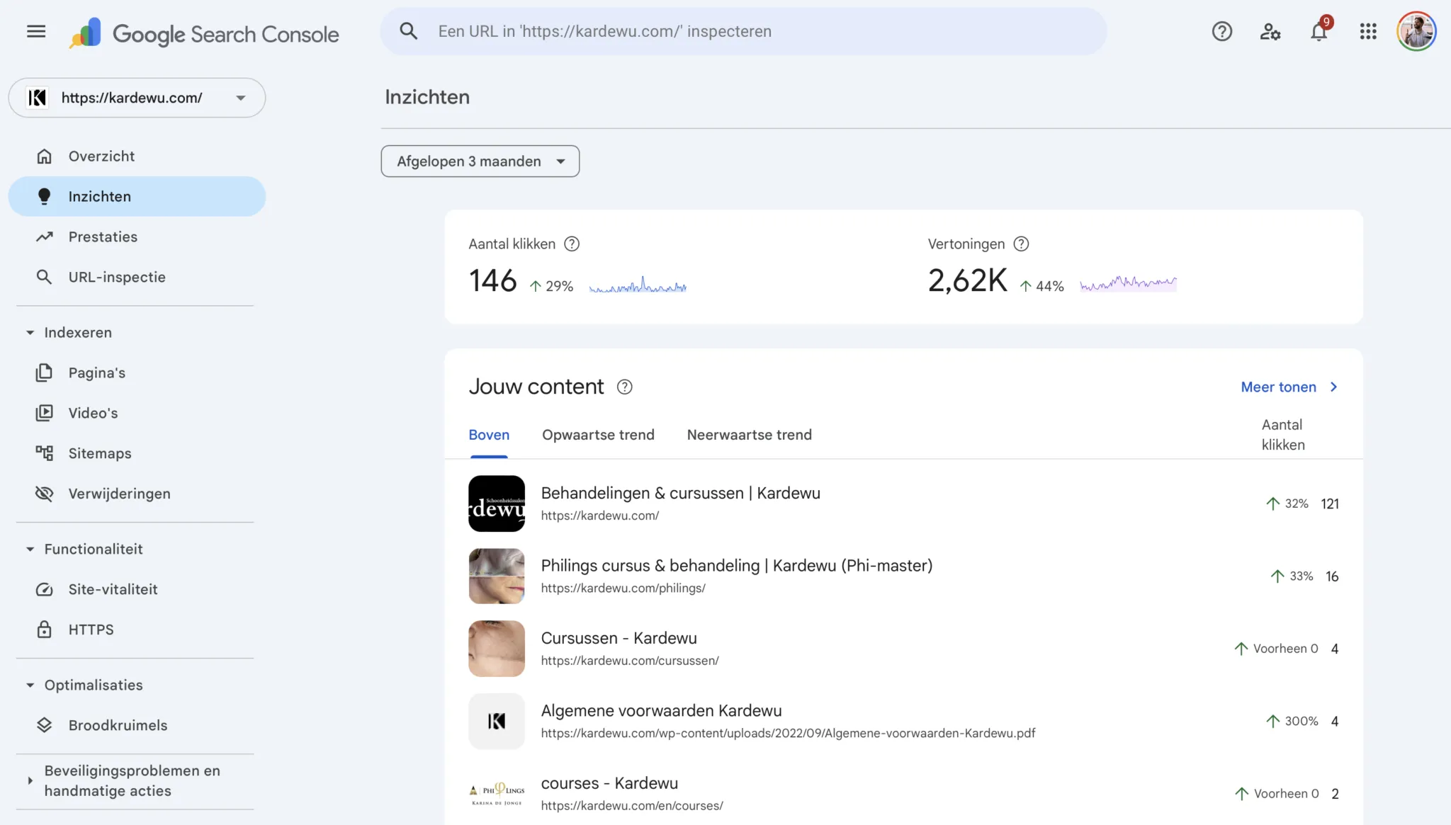 Screenshot of Google Search Console for kardewu.com, last 3 months