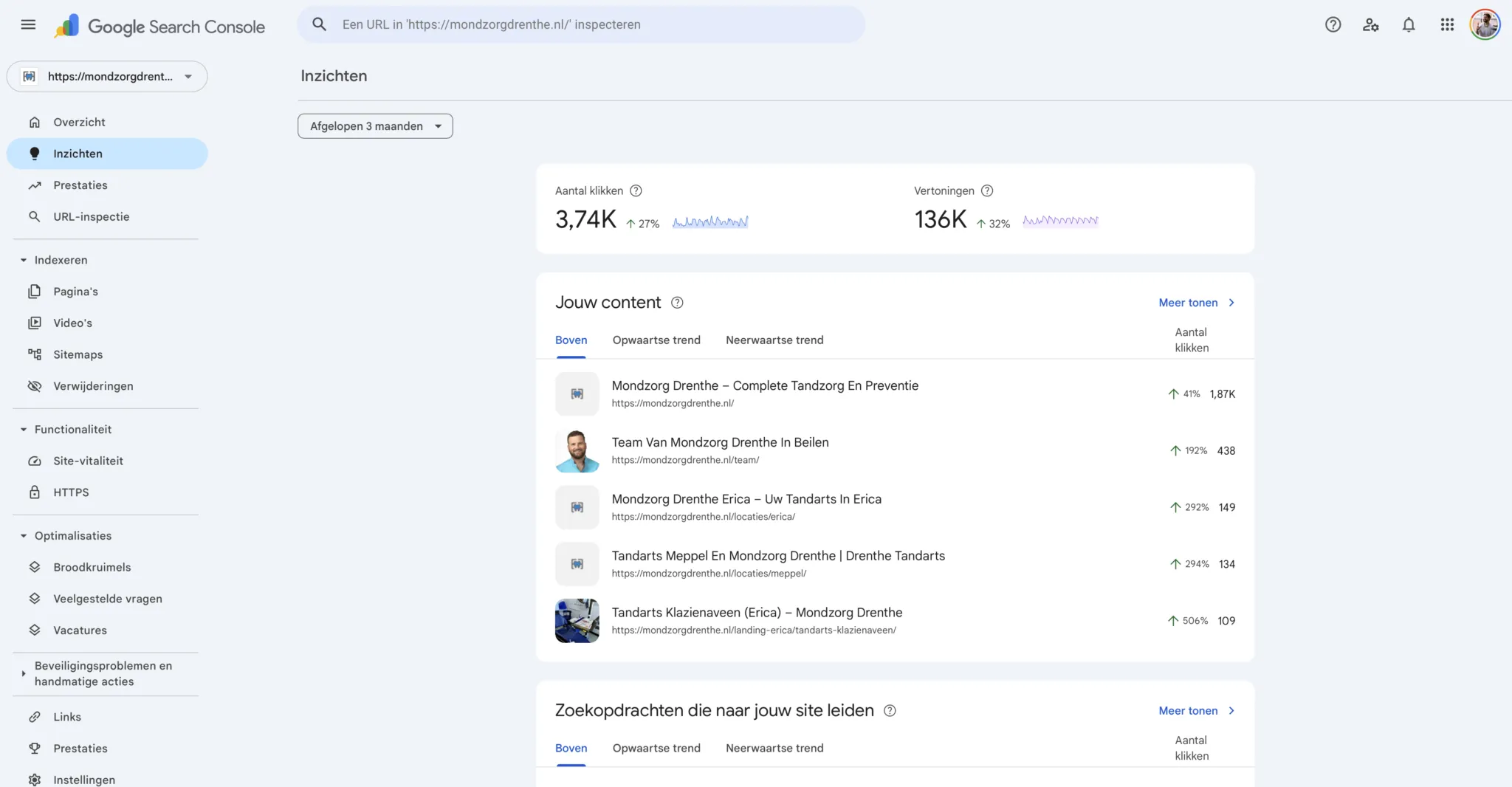 Screenshot of Google Search Console for mondzorgdrenthe.nl, last 3 months