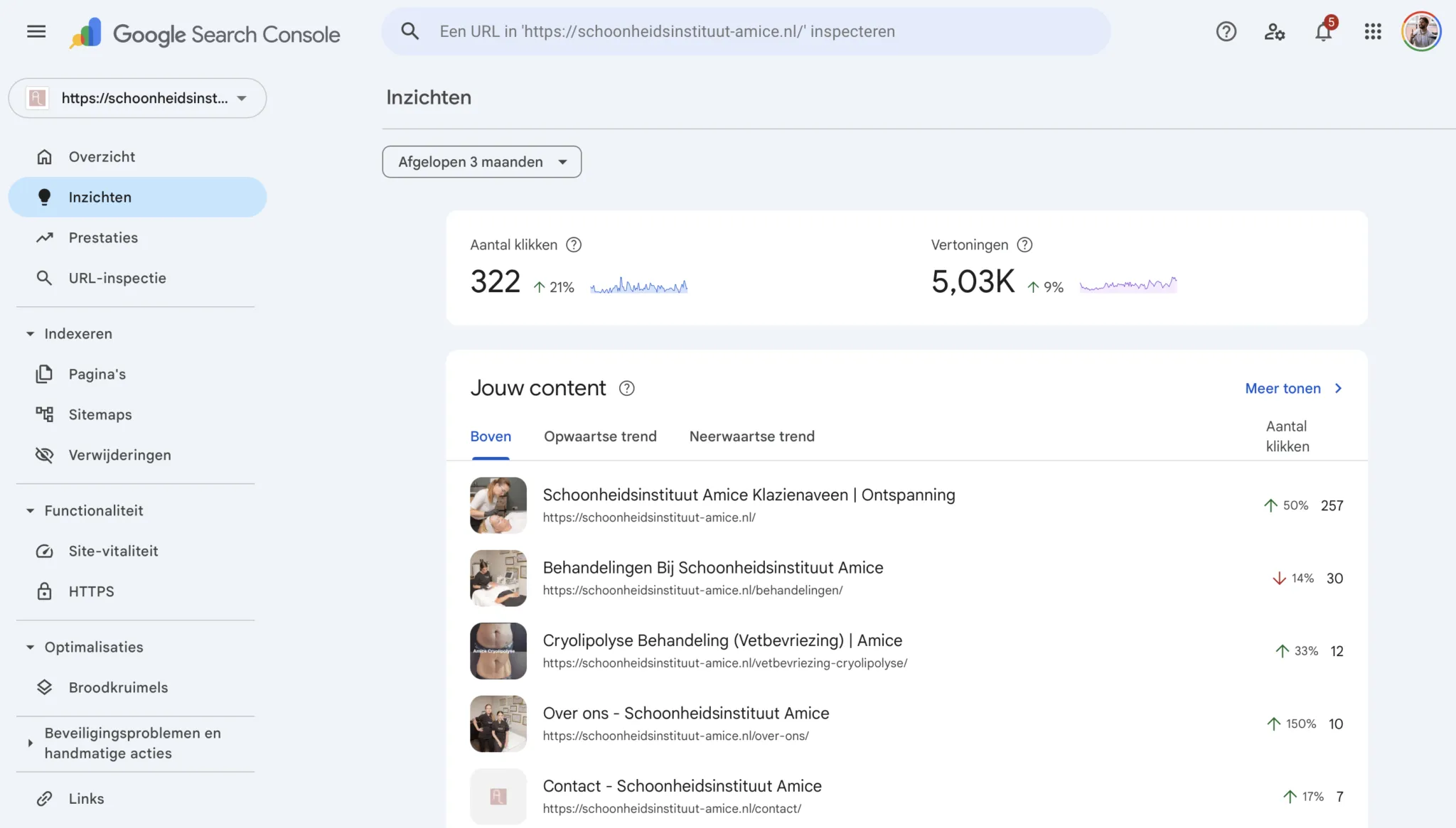 Screenshot of Google Search Console for schoonheidsinstituut-amice.nl, last 3 months