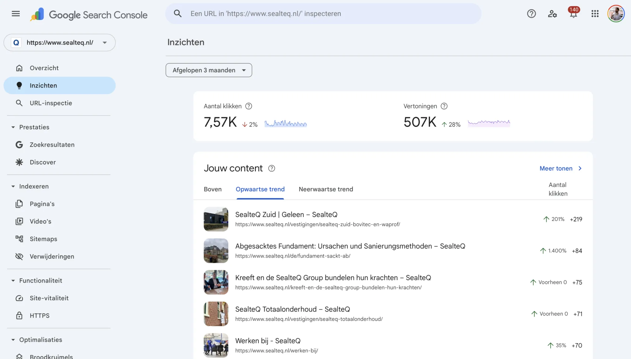 Screenshot of Google Search Console for sealteq.nl, last 3 months